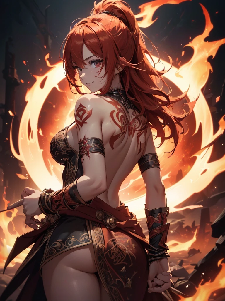(((best quality, sharp image, clear image, cinematic lighting, 8k resolution, masterpiece, ultra detailed, intricate))) Girl, (((looking over left shoulder))), (shot from behind), fire mage, ((intricate background)), ((chaotic background)), red hair, smiling, ((flame runes, flame sigils)), (tatoo on back), slim figure, flying sigils