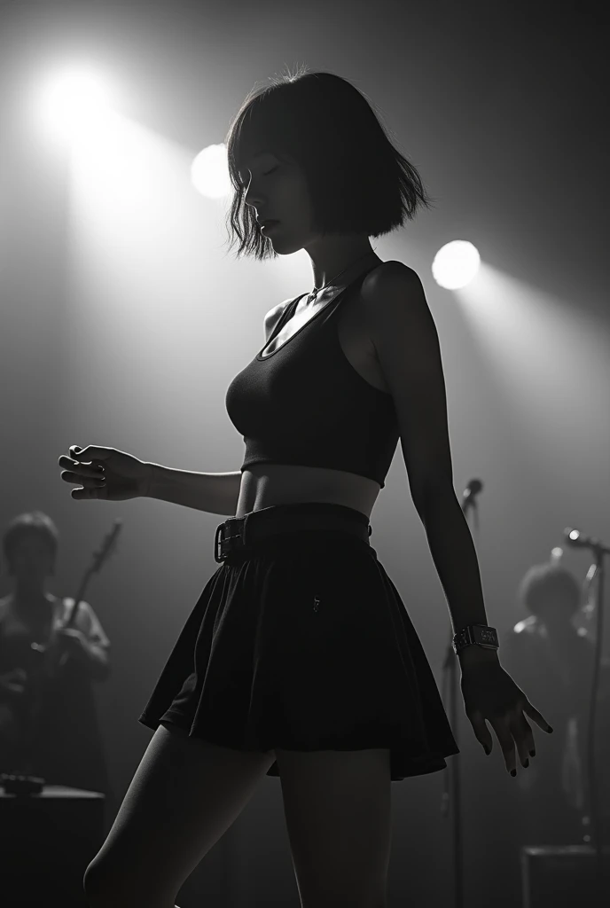 Short Bob、Japan Female Vocals、Japanese、8k、live house、A large audience、Black and white photography、Punk Rock、Smoke filling the stage、shake one&#39;s head、Functional、Tank top、Large Breasts、M-shaped legs、skirt、Show your pants、Pussy、Focus on the profile、