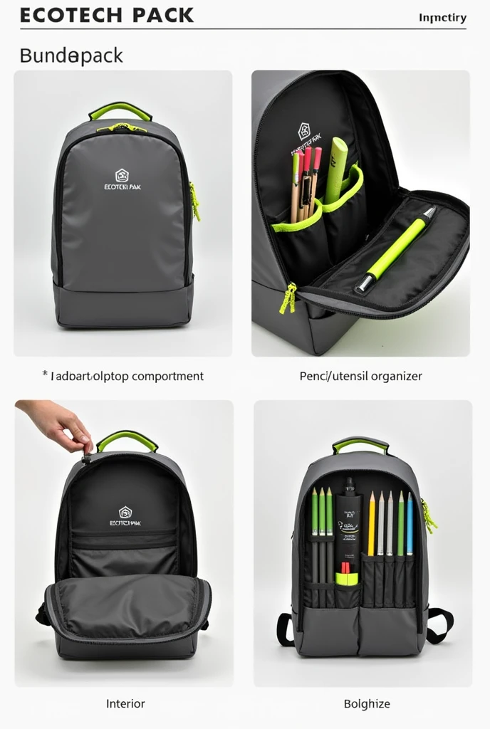  collage showing only the inside of the EcoTech Pack backpack, which is dark gray with neon green edges. In the image, Highlights:

	1.	Laptop Space: A padded compartment for a laptop.
	2.	Space for pencils: An organizer for pencils and other utensils.
	3.	Enough Space: Shows that there is enough space for other items.

Make sure the name “EcoTech Pack” is clearly visible on the inside. the background must be white.

A collage where the part where the PC goes is highlighted, where the pencils go with a collage of 4 of the interior only With pencil, not colors 