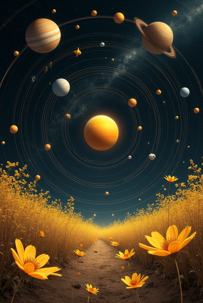 draw the position of the planets in space with golden flowers
