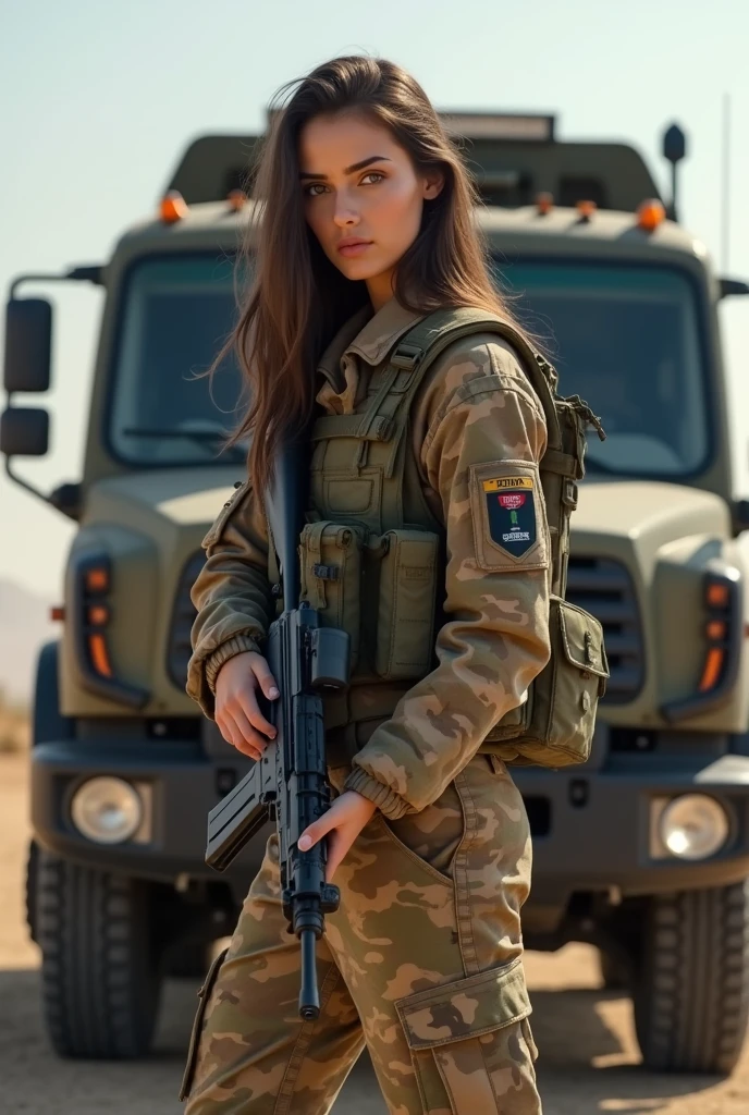 Alafed Truck with gun on back, Afghan fighters, French special forces, heavily armed, ???????, Kurdish soldiers, heavily armored, military vehicle, military weapons, military equipment, Truck, camouflage, special forces security, modern military equipment, carrying rifle, shoulder mounted weapon, gun posing in front of Truck A female soldier, ((masterpiece, of the highest quality, Maximum image quality, High resolution, photorealistic, raw photo, 8k)), ((Extremely detailed 8k unified CG wallpaper)), (huge shot of stunning goddess, Very hot and sexy, Amazing beauty, perfect proportions, beautiful body, slim body beauty:1.4),