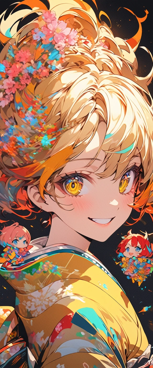 masterpiece, ultra high quality, (ultra detailed original illustration), ((chibi mode)),( cheerful facial expression, yellow eye, short hair, crimson hair, Radiant smile, Upper body, perfect body), ((Fashion Kimono)), ((Sakura Flowers)(painted)), double exposure, fluid abstract art fusion, glitch, ( 2D), ( original illustration composition), ( limited color fusion, maximalism art style, geometric art style, fire, pop art), yellow theme, black background