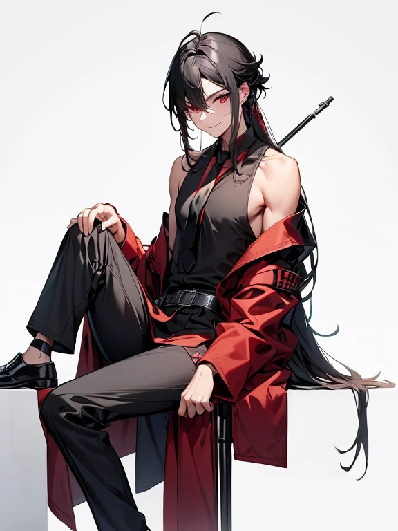 a cartoon character is waiting for someone to call them, dressed in black and red, 1boy, male focus, solo, sitting, long hair, black footwear, off shoulder, shirt, pants, black shirt, necktie, knee up, looking at viewer, black pants, white background, bare shoulders, sleeveless, belt, smile