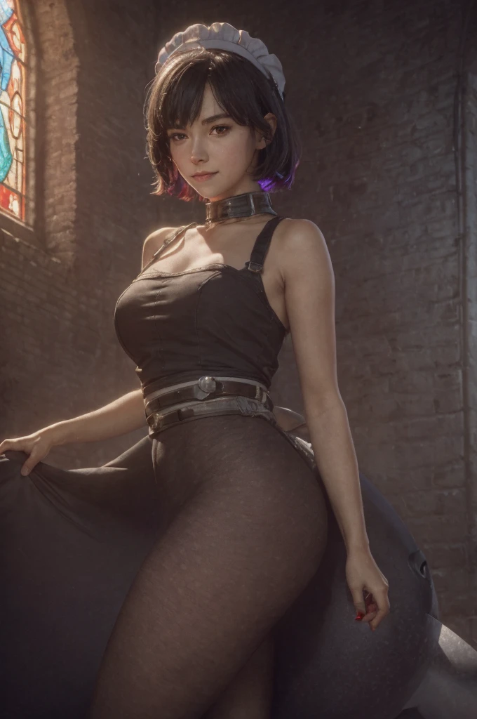 A young girl in realistic portrait of high quality and detail, movie style, Ellen Joe (Zenless Zone Zero), a young girl with short black hair with red tips at the ends. She also has red eyes and makeup. She is wearing a short maid costume, nylon tights, black underpants, high-heeled shoes. She also has a shark's tail, light and peaceful atmosphere, glow, eye shadow, 1girl, fantasy, Depth & Perspective, smiling on her face, Mystical powers, fine face, She stands in the middle of the church hall, indoors, sunlight from stained glass windows, looking at viewer, (ultra-high detail:1.2), Masterpiece, Best Quality, Ultra-detailed, Cinematic lighting, 8K, delicate features, cinematic, 35 mm lens, f/1.9, highlight lighting, global lighting –uplight –v 4, cinematic, Cinematic lighting, 8K, high quality, Highest Quality, (Solo Focus), (extremly intricate:1.3), (Realistic), masterful, Analog style, (Film grain:1.5), (warm hue, cold tone),
