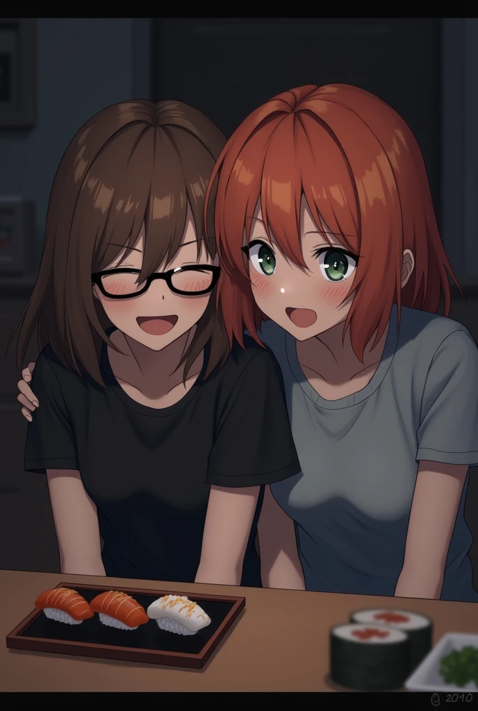 2 girl, friends, emo/scene atrstyle. The first girl with brown hair slightly longer than shoulder length, a little messy and not straggly, the main length lies on the shoulders and a slanting fringe covering the left eye, gray-blue eyes and a black T-shirt, with round glasses, a little shorter, more cheerful. The second girl is reddish-orange hair slightly longer than shoulder length, about the same hairstyle as the first girl only more neat and slightly round, quite lush hair and with curtain bangs, dark green eyes, gray-blue T-shirt, slightly taller, more calm.
girls sitting in a dark kitchen eating sushi and the first girl happily hugs the second one by shoulder