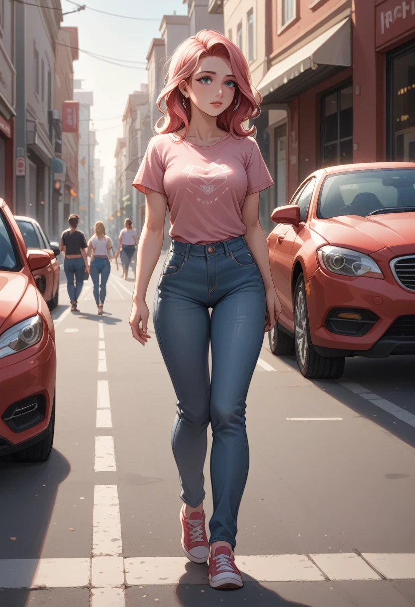 A vision flow of a beautiful woman walking down a street, her pink t-shirt and faded blue jeans illuminated by the sun, a red car passing in the background, and a world of shimmering light.  