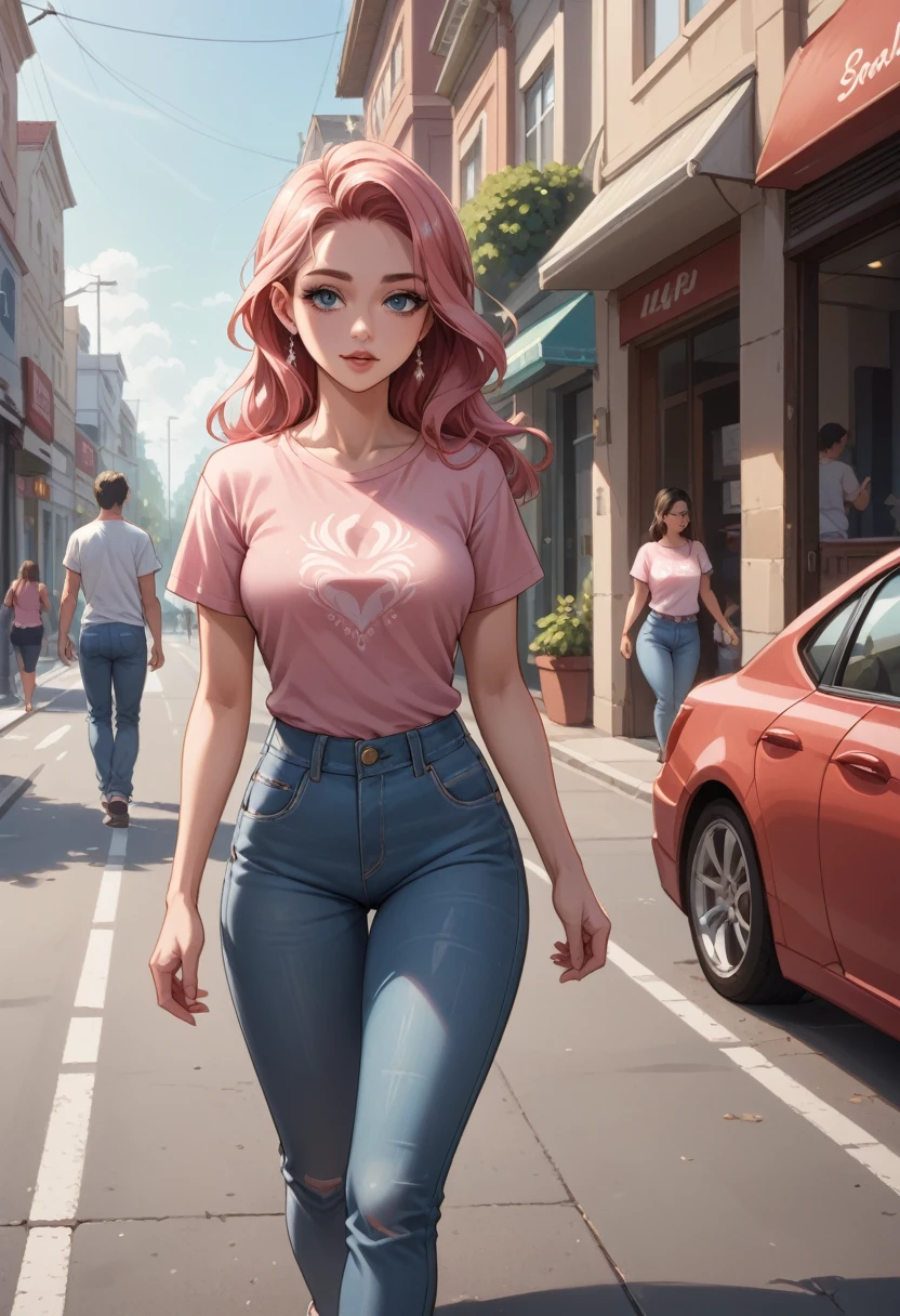 A vision flow of a beautiful woman walking down a street, her pink t-shirt and faded blue jeans illuminated by the sun, a red car passing in the background, and a world of shimmering light.