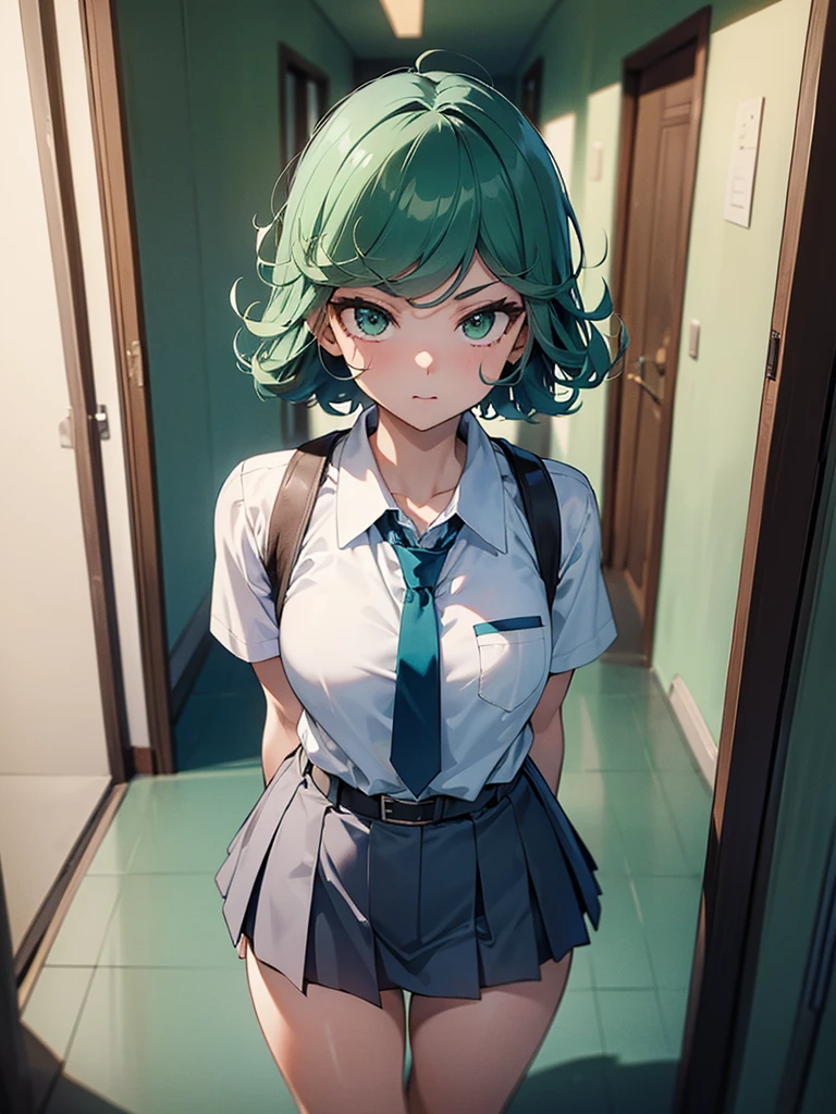 (high res, 8K, masterpiece, looking at viewer, best quality, very aesthetic, ultra detailed, ultra background, ultra Eyes) intricate details, 1girl, Tatsumaki, short sleeved white shirt, Light Blue Gray short skirt, Pockets on the left chest, Blue Gray tie, Wearing a belt, Upright body, green short hair, green eyes, Normal Face, Background School Hallway, Cinematic Angle
