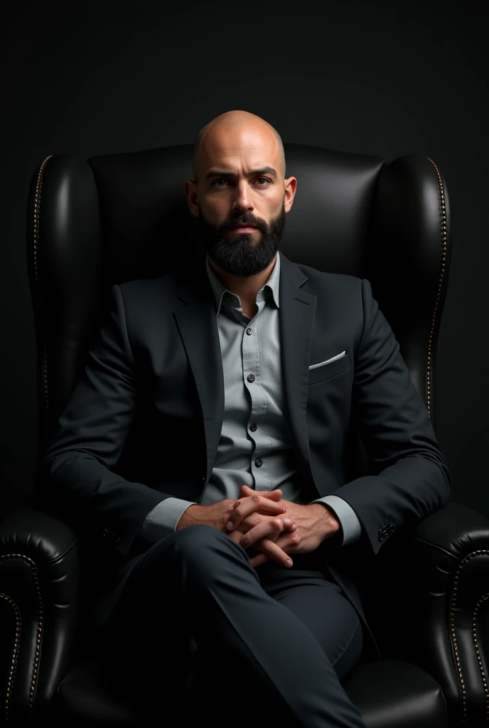 Create a young professional bald man with black beard from an accounting firm sitting on a large black chair a little away looking at the photo with serious face, just below an autograph written Accounting