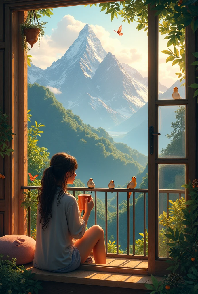 A lonely  girl in the  evening, viewing the beautiful scenario of mountains and greenery nature's beauty and cute creatures from the cute balcony with a cup of coffee 

