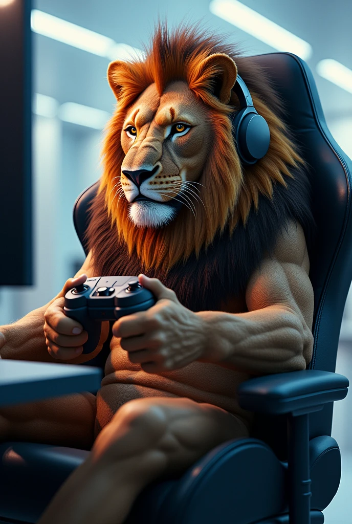 A lion with a headphone and holding a controller and sitting on a gaming chair