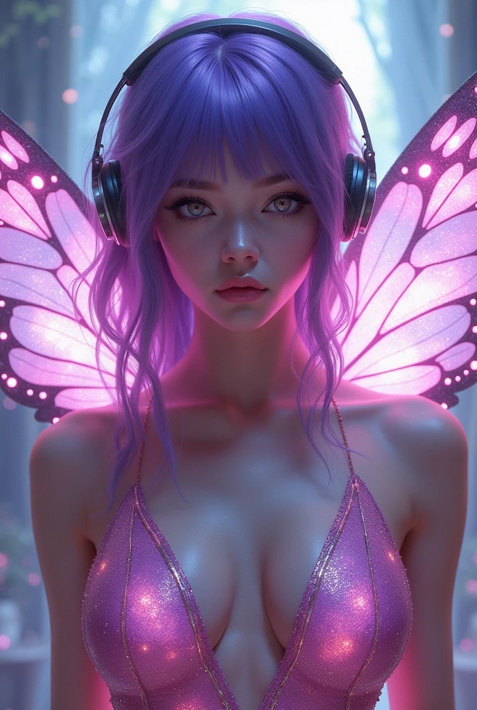 Korean purple hair butterfly woman with headphone and shiny shiny pink dress and pink hair white man