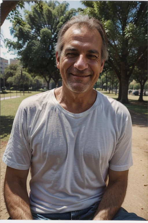 ((melhor qualidade)), (detalhado), (photo-realistic) A polaroid picture of caucasian middle-aged man in a happy moment at the park