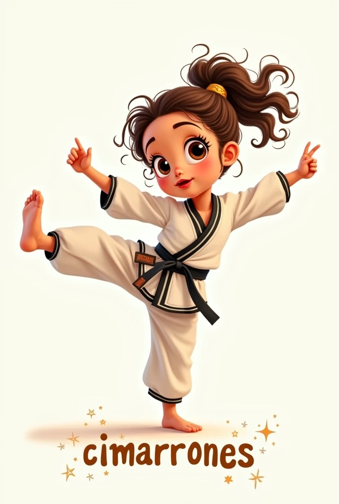 Disney-like image of a girl with big brown eyes, curled eyelashes, brown curly hair, tied in a braid. He wears a taekwondo uniform with a black belt., He is throwing a side kick. It says CIMARRONES at the bottom of the image.