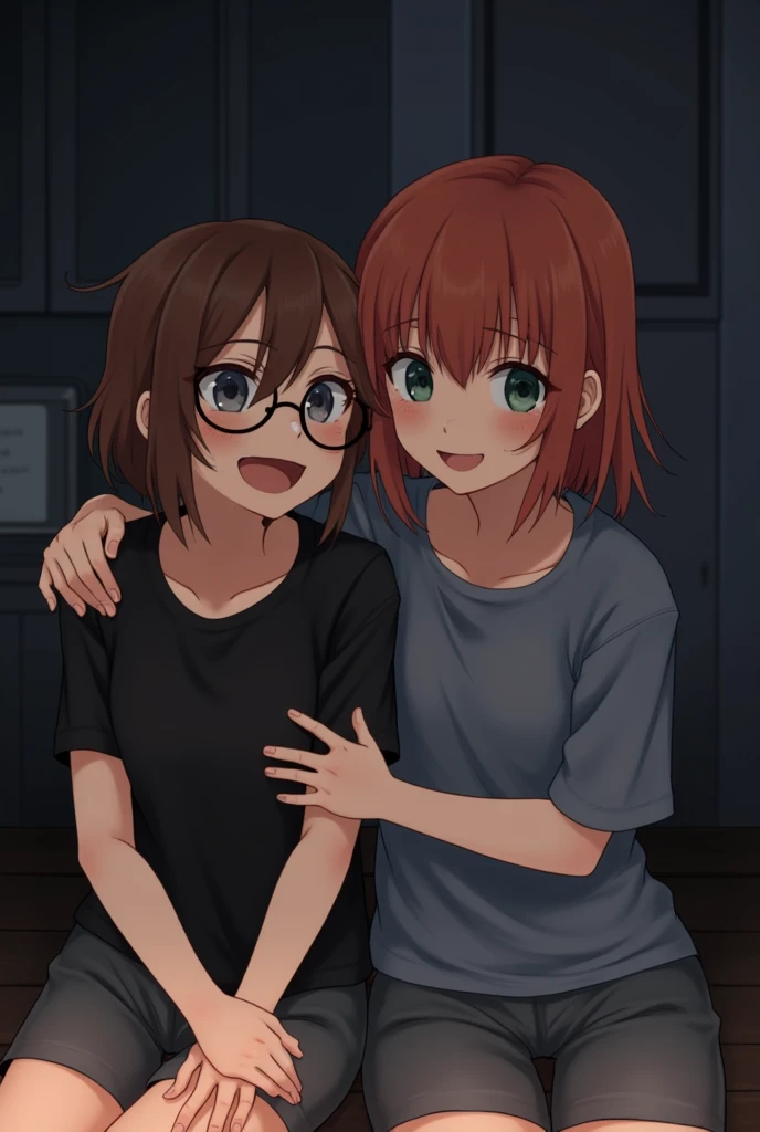 2 girl, friends, emo/scene atrstyle. The first girl with brown hair slightly longer than shoulder length, a little messy and not straggly, the main length lies on the shoulders and a slanting fringe covering the left eye, gray-blue eyes and a black T-shirt, with round glasses, a little shorter, more cheerful. The second girl is reddish-orange hair slightly longer than shoulder length, about the same hairstyle as the first girl only more neat and slightly round, quite lush hair and with curtain bangs, dark green eyes, gray-blue T-shirt, slightly taller, more calm.
girls sitting in a dark kitchen eating sushi and the first girl happily hugs the second one by shoulder
