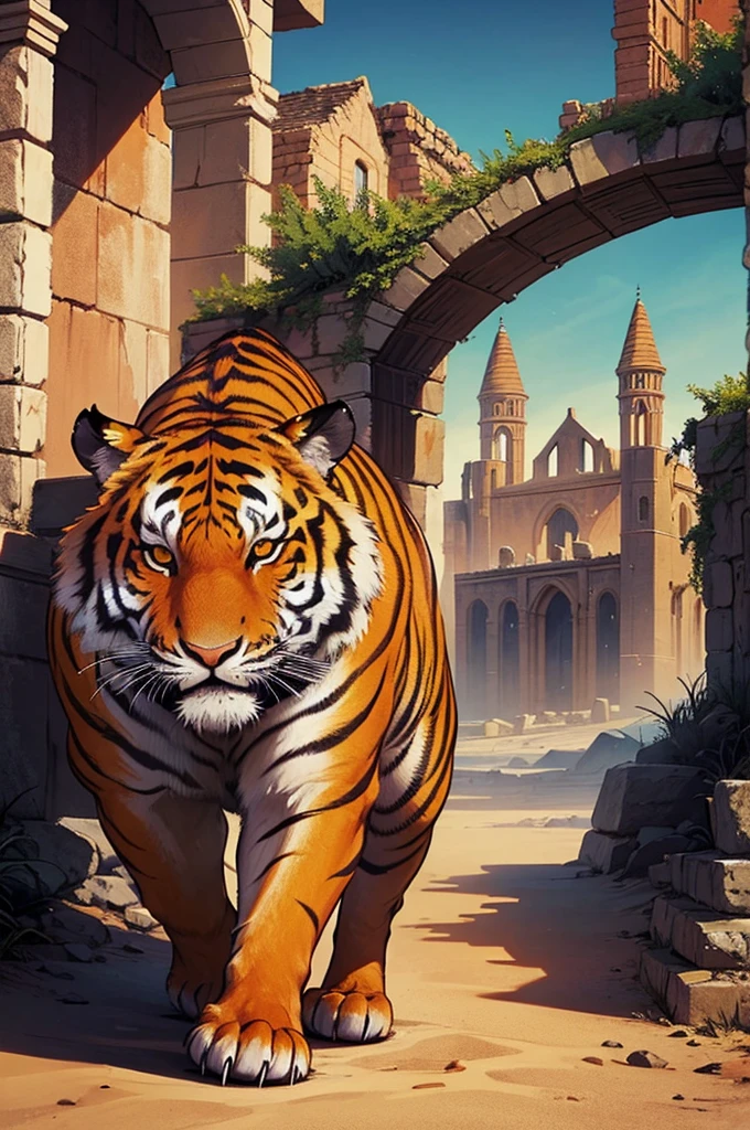 action move, view distance, colours, evil demonic tiger-stranger with scimitar, horror, south, desert, medieval, tiger in rich cloth clothes, landscape, day, bright sun, dark evil aura tiger, ruins of great town, few colours, distorted art, ghostly, the style of the 60s