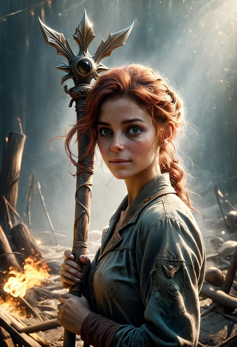 (Realistic:1.2), (whimsical:1.2), ultra detailed, modern analog style, photorealistic cute woman, chestnut hair, tattered outwear, post-apocalyptic, detailed face, beautiful eyes, (shy smile:0.7), (freckles:0.5), holding a big staff, exhausted after another battle, dramatic, faded colours, soft focus, soft naturally lighting, looking directly to the camera, centered image, elegant, approaching perfection, hyper realystic, bokeh, kodak 400 porta film, blured post-apocalyptic background 