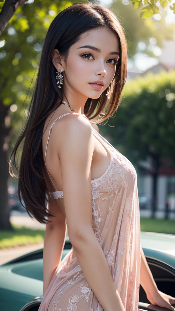 a beautiful girl, 1girl, casual clothes, fashionable, posing on the hood of a car, detailed face, detailed eyes, detailed lips, detailed nose, detailed ears, bright happy atmosphere, vibrant colors, lush green hills in the background, sun shining, (best quality,4k,8k,highres,masterpiece:1.2),ultra-detailed,(realistic,photorealistic,photo-realistic:1.37),vivid colors,bokeh