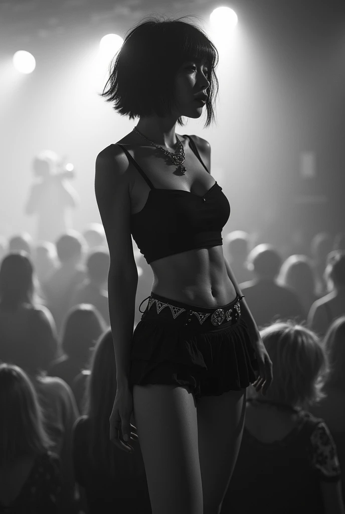 Short Bob、Japan Female Vocals、Japanese、8k、live house、A large audience、Black and white photography、Punk Rock、Smoke filling the stage、shake one's head、Functional、Tank top、Large Breasts、M-shaped legs、skirt、Show your pants、Pussy、Focus on the profile、garter belt、