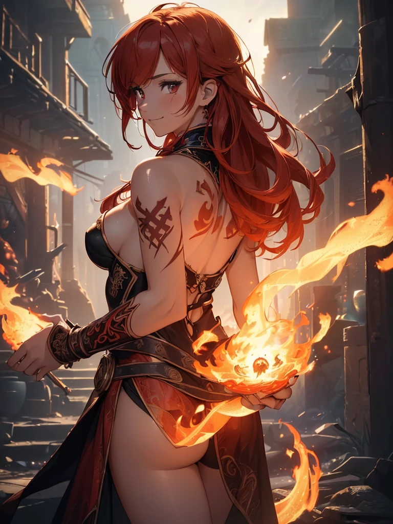 (((best quality, sharp image, clear image, cinematic lighting, 8k resolution, masterpiece, ultra detailed, intricate))) Girl, (((looking over left shoulder))), (shot from behind), fire mage, ((intricate background)), ((chaotic background)), red hair, smiling, ((flame runes, flame sigils)), (tatoo on back), slim figure, flying sigils
