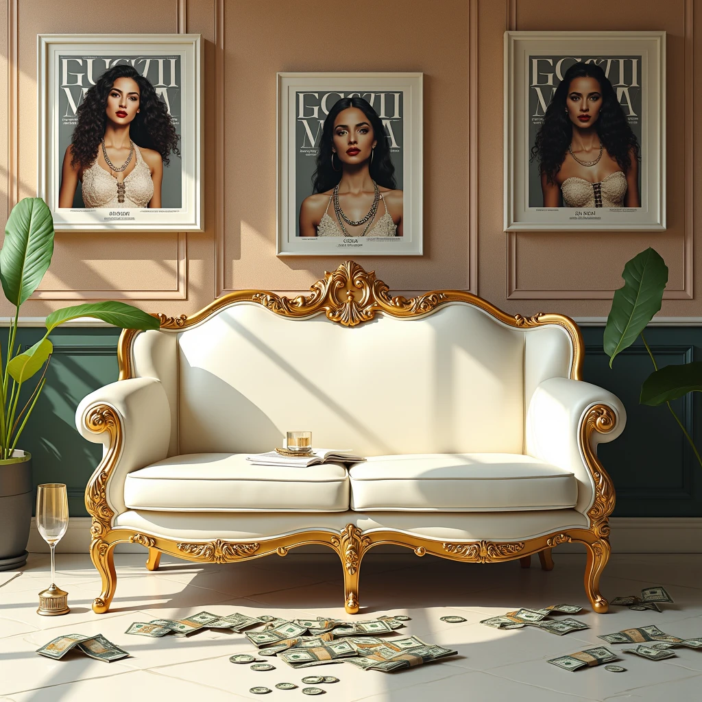 album cover a chic white sofa, behind the sofa several magazine covers on the wall with the name "ego and vanity", Gucci style money and wine glass fallen on the floor