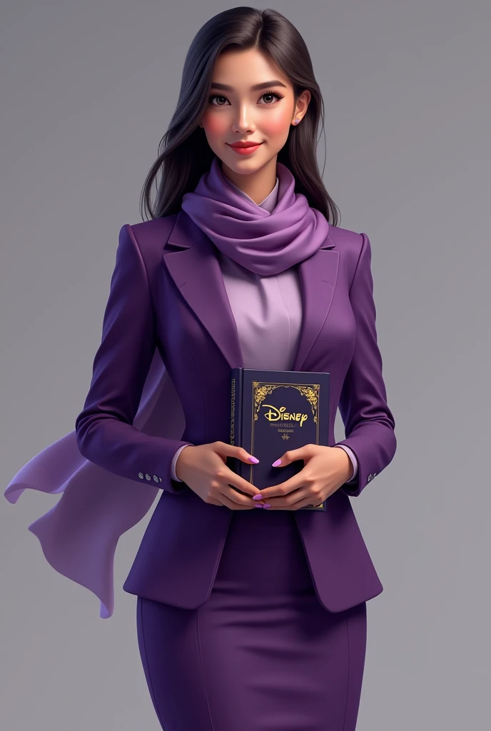 25 year old girl in a purple suit, skirt and blouse with a purple scarf around her neck with a Disney-style Bible in her hand