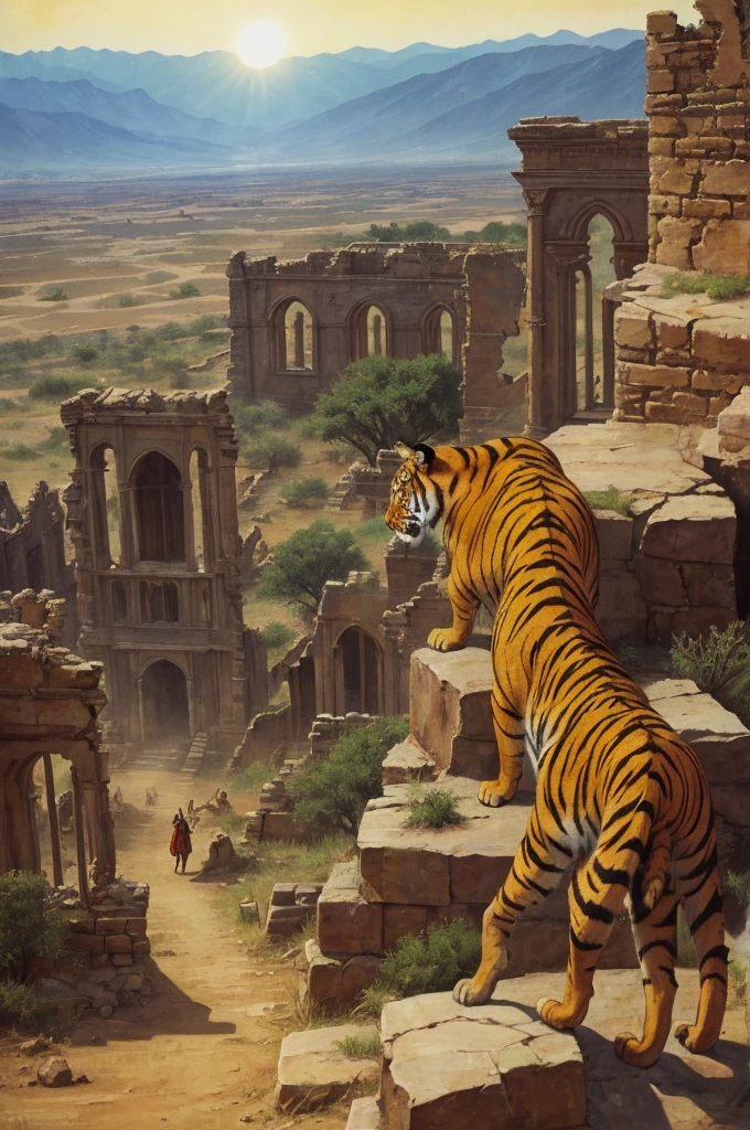 action move, view distance, colours, evil demonic tiger-stranger with scimitar, horror, south, desert, medieval, tiger in rich cloth clothes, landscape, day, bright sun, dark evil aura tiger, ruins of great town, few colours, distorted art, ghostly, the style of the 60s