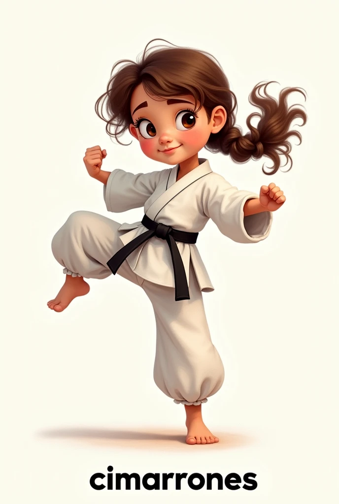 Disney-like image of a girl with big brown eyes, curled eyelashes, brown curly hair, tied in a braid. He wears a taekwondo uniform with a black belt., He is throwing a side kick. It says CIMARRONES at the bottom of the image. 