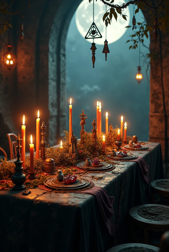 Create a mystical and intriguing image that represents hoodoo, highlighting elements such as an altar table filled with lit candles, dried herbs, shiny crystals and voodoo dolls. No fundo, include a dark and immersive environment, with details like a full moon illuminating the scene, African symbols and hanging talismans. The image should evoke a sense of mystery and spirituality, capturing the essence of hoodoo and its ancient practices.