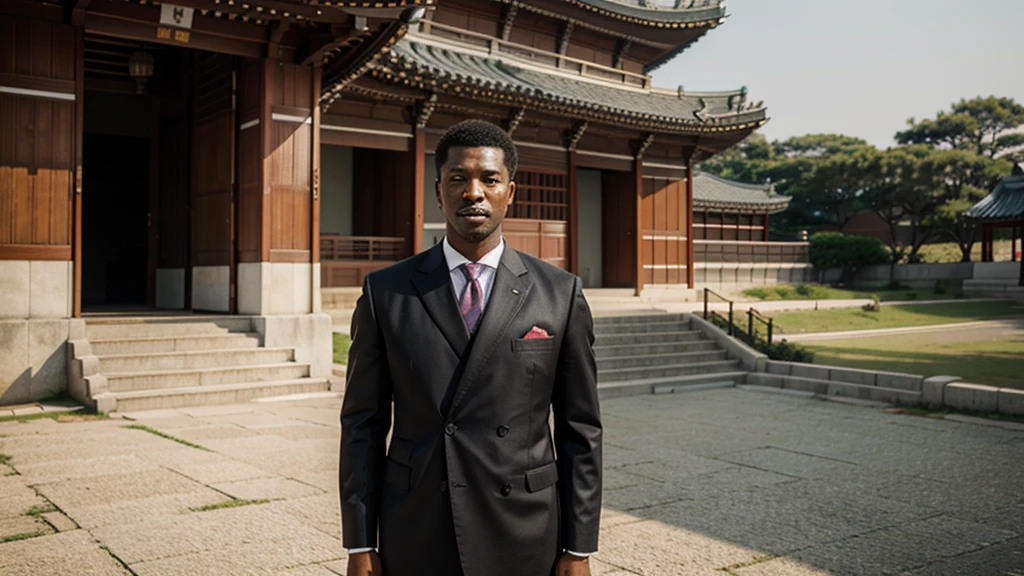 Black man standing in front of Korean traditional palace