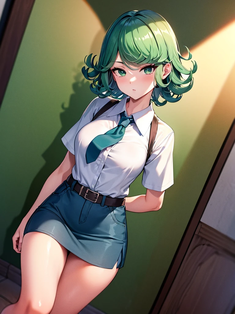 (high res, 8K, masterpiece, looking at viewer, best quality, very aesthetic, ultra detailed, ultra background, ultra Eyes) intricate details, 1girl, Tatsumaki, short sleeved white shirt, Light Blue Gray short skirt, Pockets on the left ?????, Blue Gray tie, Wearing a belt, Upright body, green short hair, green eyes, Normal Face, Background School Hallway, Cinematic Angle