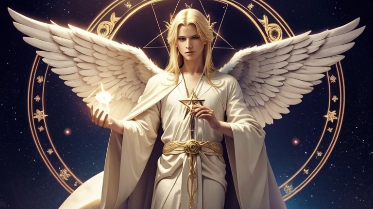 Angel Metraton, there is in your hands an illuminated pentagram. The angel is dressed in a long robe. Blond man angel, bonitas