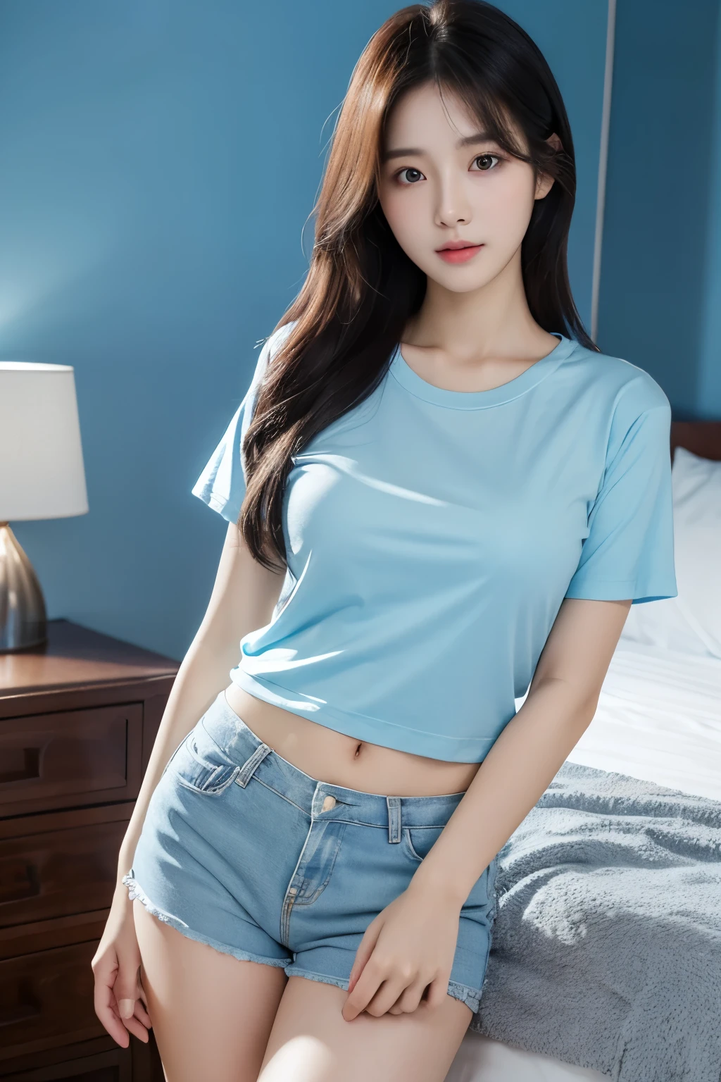 one ultra realistic raw photo of pretty korean girl ,standing in standing in her bedroom , wearing blue color shorts and ultra real plain t-shirt, realistic face, ultra detailed photo, 26 year old mature,photo real face with perfect body , perfect human like face,
