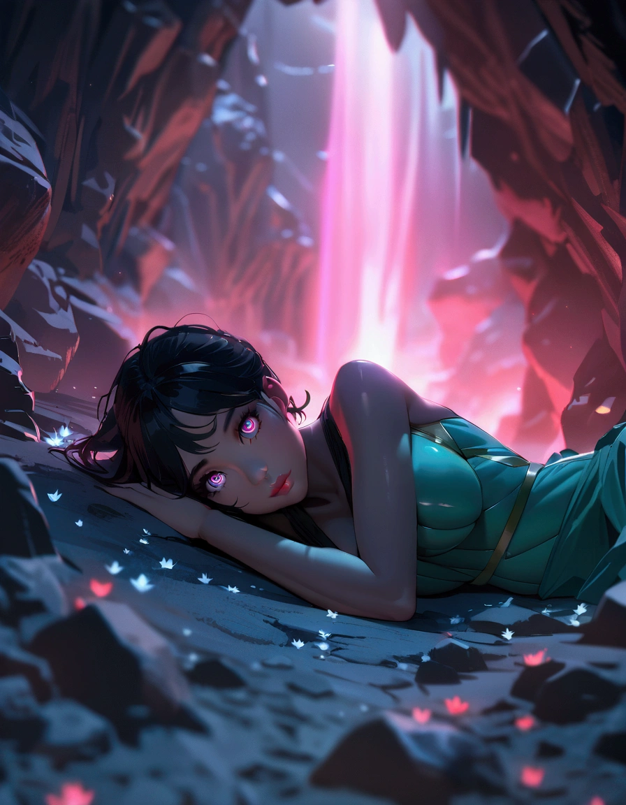 digital painting, beautiful young fit maiden sleepingon the floor in the cente of the huge cave, short black hair, light green adventurer clothes, detailed eyes, round cute face, fantasy setting, dynamic pose, (detailed skin), (detailed lips), (detailed eyes), (curvy), cave covered in spiky glowing crystals, pink glow, dim light, chromatic aberration, depth of field, soft lighting, ray tracing, wide shot, perspective, atmospheric perspective, 8k, award winning, best quality, super detail, masterpiece, UHD