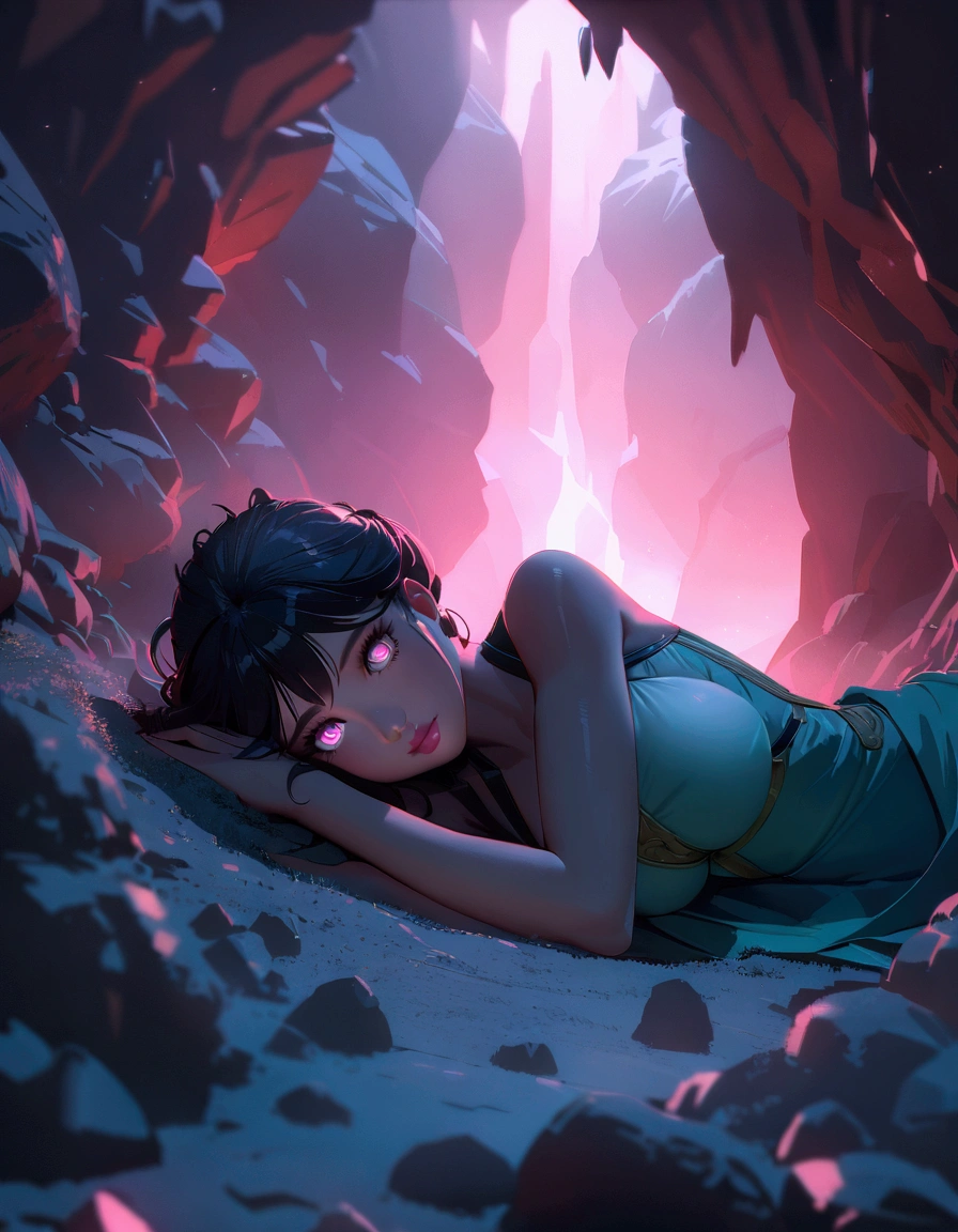 digital painting, beautiful young fit maiden sleepingon the floor in the cente of the huge cave, short black hair, light green adventurer clothes, detailed eyes, round cute face, fantasy setting, dynamic pose, (detailed skin), (detailed lips), (detailed eyes), (curvy), cave covered in spiky glowing crystals, pink glow, dim light, chromatic aberration, depth of field, soft lighting, ray tracing, wide shot, perspective, atmospheric perspective, 8k, award winning, best quality, super detail, masterpiece, UHD