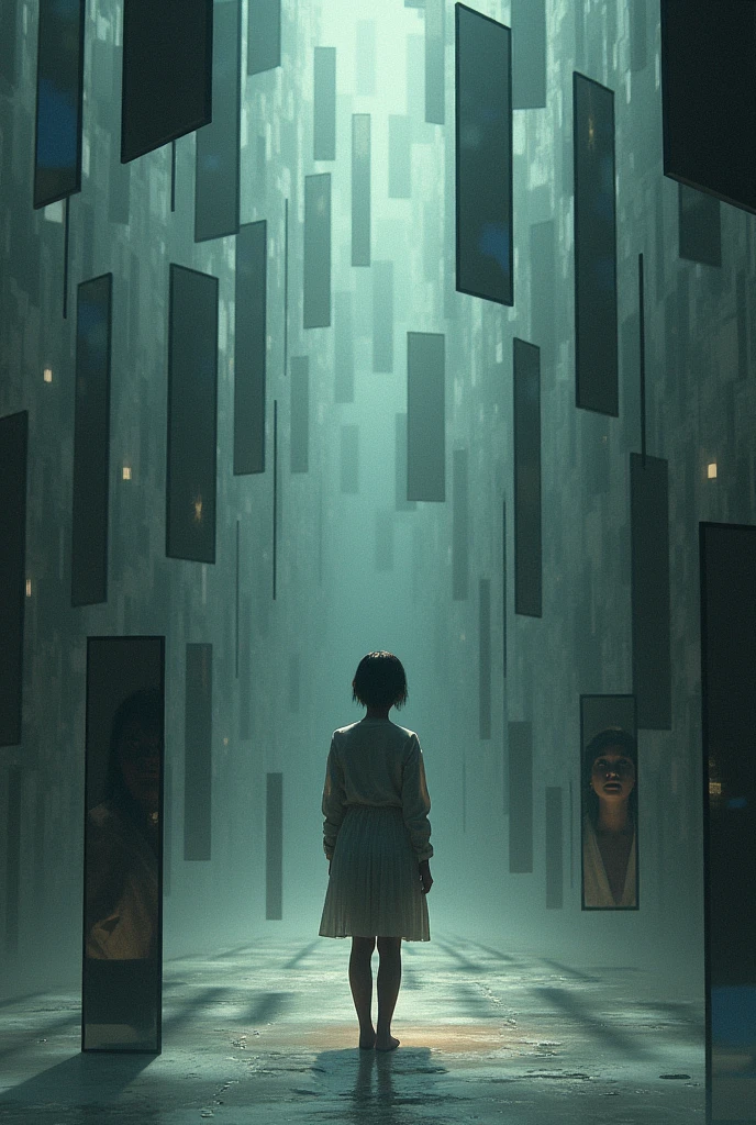 "A person is surrounded by many mirrors, each reflecting different forms and personalities of that same person."