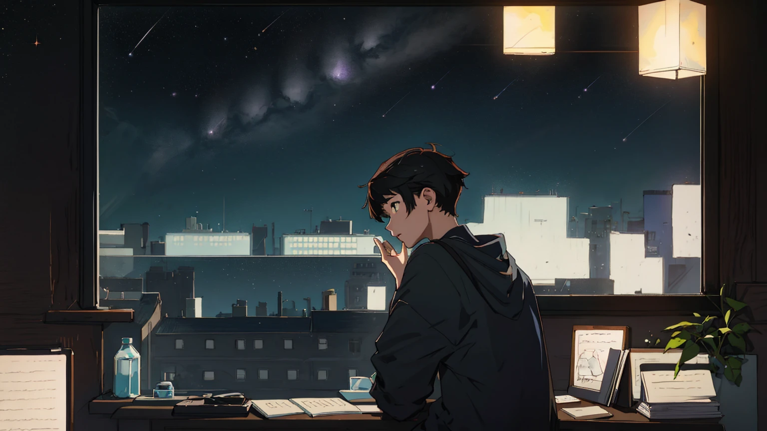 Please draw a scene of a 21 year old studying and taking notes in a notebook.。, Listening to music on headphones, In a quiet and relaxing environment, Short black hair, View from behind, Gazing at the horizon, At night, From the window you can see a beautiful view of the stars.。Dark Room