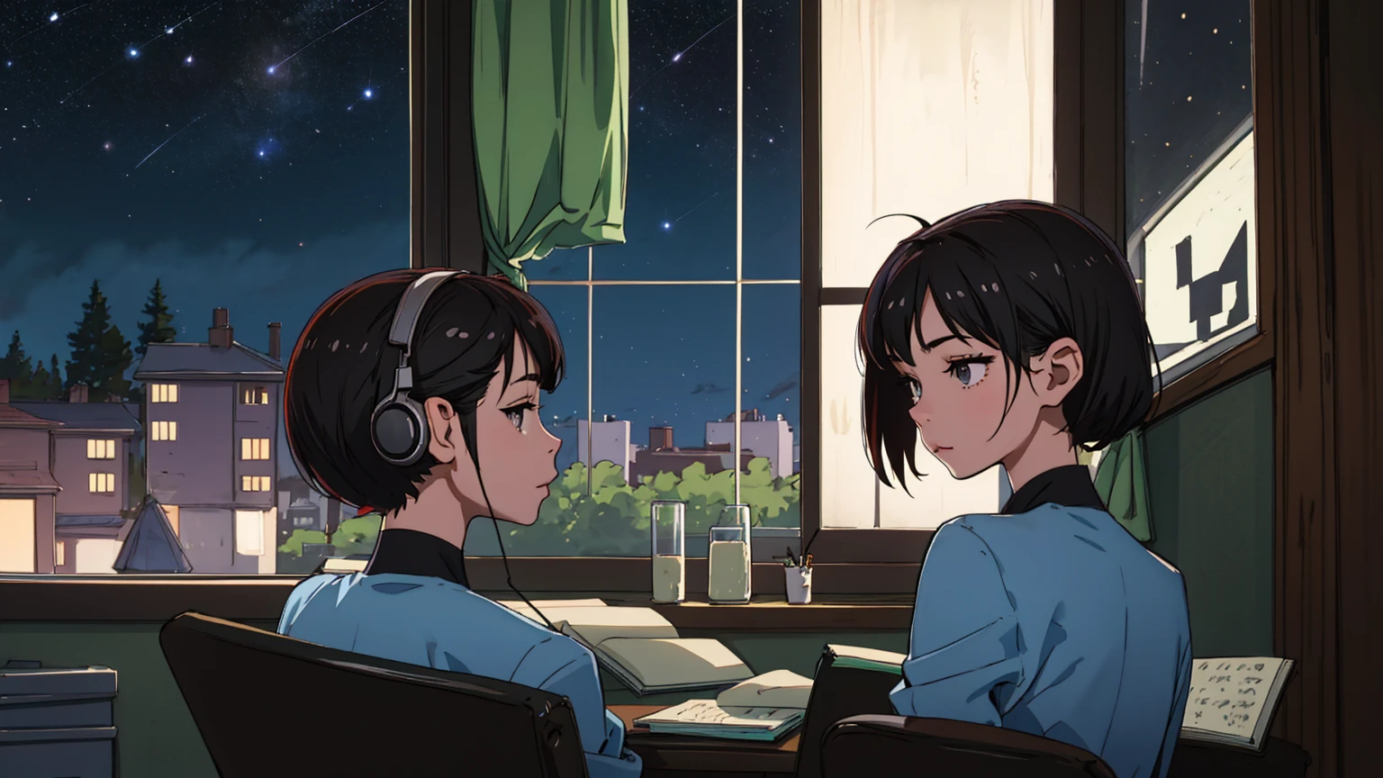 Please draw a scene of a 21 year old studying and taking notes in a notebook.。, Listening to music on headphones, In a quiet and relaxing environment, Short black hair, View from behind, Gazing at the horizon, At night, From the window you can see a beautiful view of the stars.。Dark Room