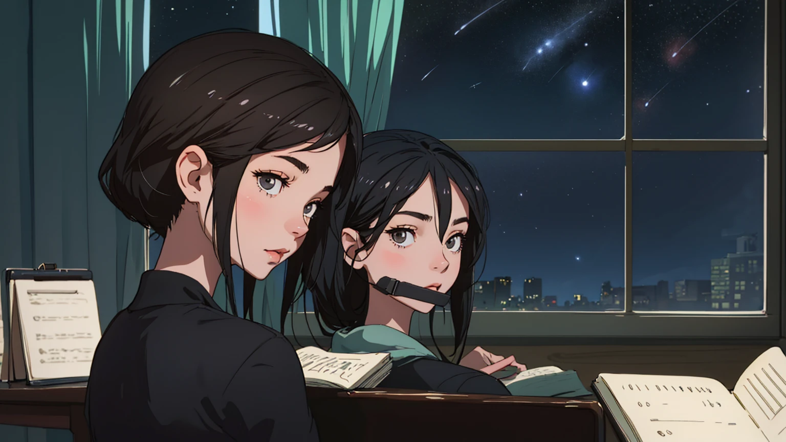 Please draw a scene of a 21 year old studying and taking notes in a notebook.。, Listening to music on headphones, In a quiet and relaxing environment, Short black hair, View from behind, Gazing at the horizon, At night, From the window you can see a beautiful view of the stars.。Dark Room