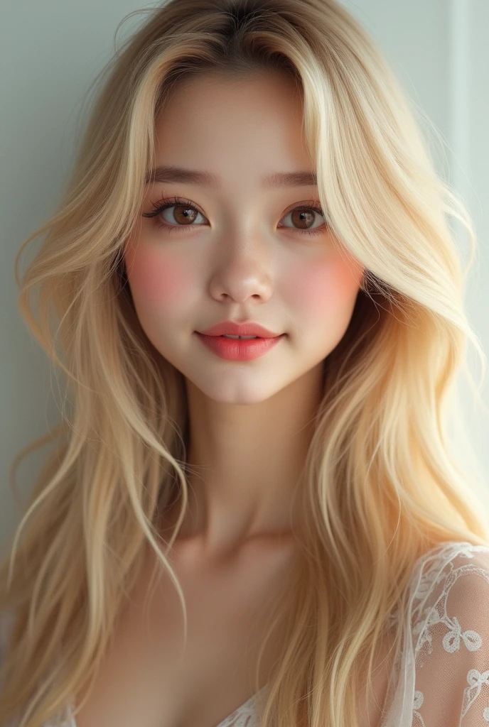 a close up of a person with long blonde hair, detailed soft face, barbie doll, girl in real life, popular makeup, female character, photorealistic girl render, ulzzang, realistic - barbie in white, cute natural face, cute girl, popular south makeup, ”beautiful woman, character