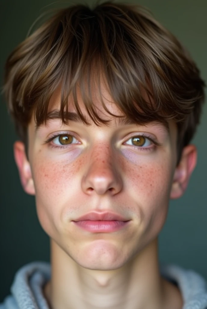 18 year old young boy, straight brown hair, Brown eyes, white skin taking a selfie