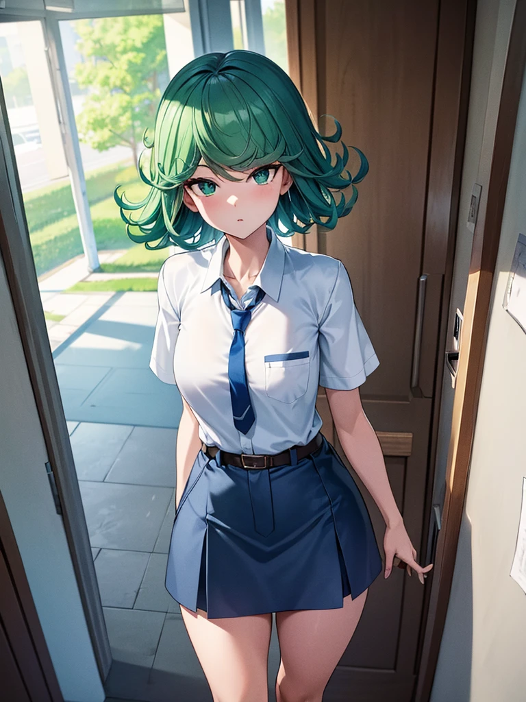 (high res, 8K, masterpiece, looking at viewer, best quality, very aesthetic, ultra detailed, ultra background, ultra Eyes) intricate details, 1girl, Tatsumaki, short sleeved white shirt, Light Blue Gray short skirt, Pockets on the left chest, Blue Gray tie, Wearing a belt, Upright body, green short hair, green eyes, Normal Face, Background School Hallway, Cinematic Angle