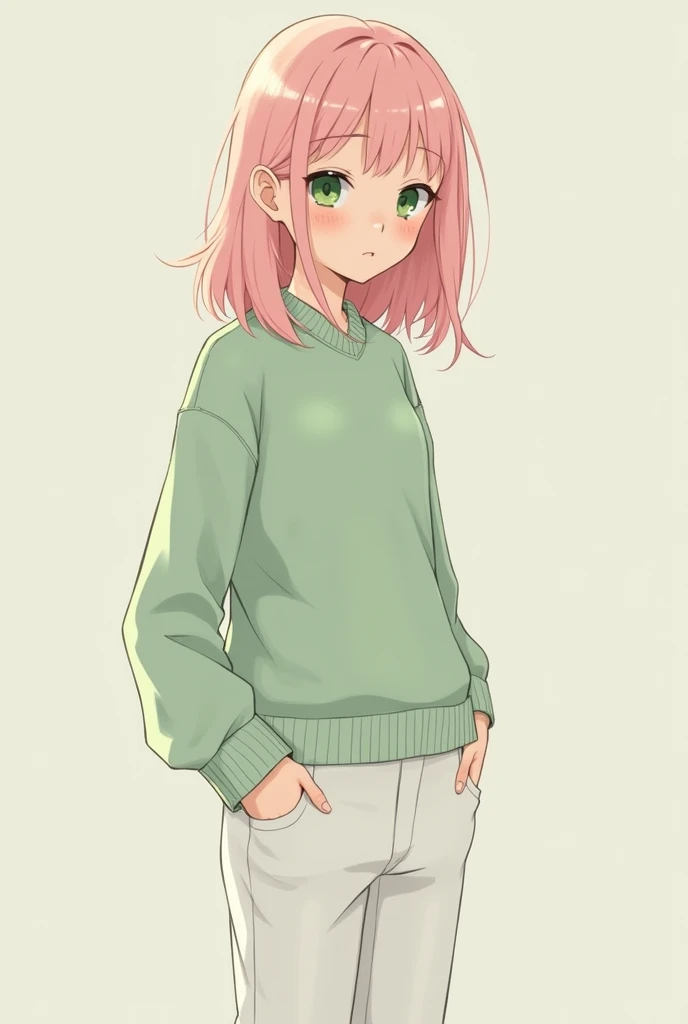 a Japanese girl, skin fair, bright emerald green eyes, long, curved eyelashes, pastel pink hair, smooth and shoulder length, with the ends curved inwards, parted in the middle with bangs falling to the sides of the face, very sharp face with light freckles on the cheeks and nose, well-defined eyebrows and pastel pink, has wide hips and shapely legs, Guitar waist, little bust, slim, wears a pastel green wool sweater, white pants and skin-colored strappy sandals