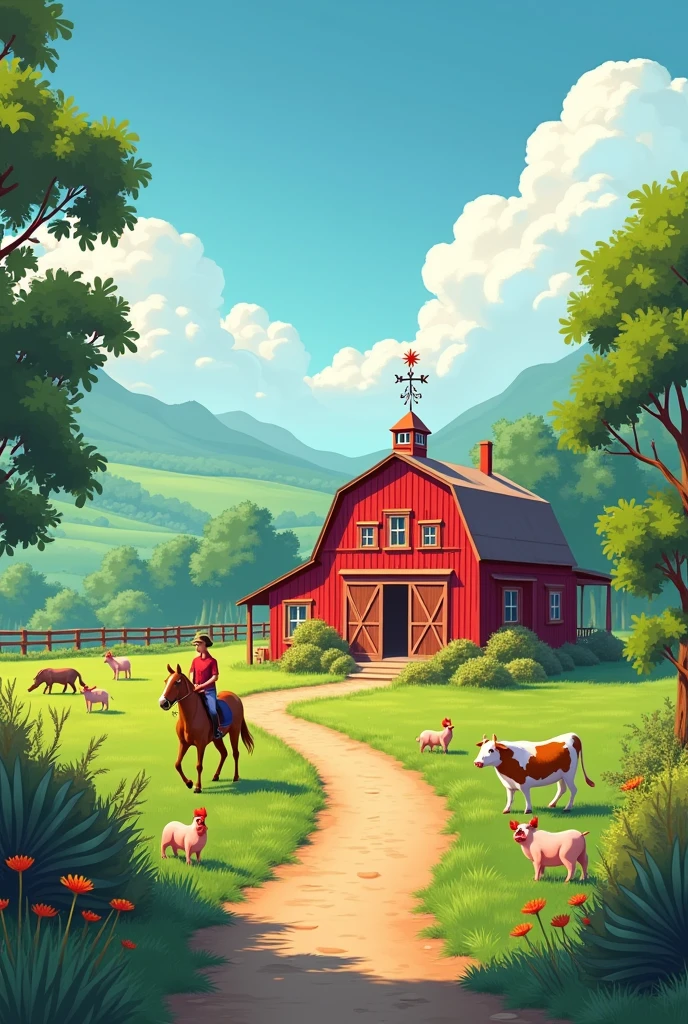 beautiful little farm with old red barn, cow, weather vane, Roadside, FULL, plantation, boi, galinha, horseback, pig, green grass and very vibrant colors