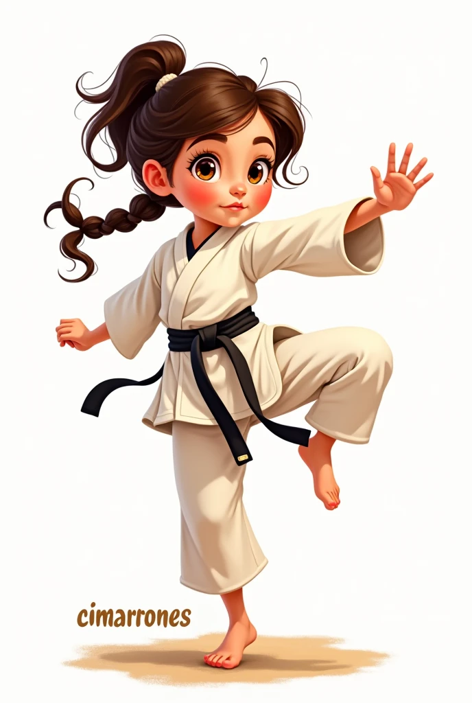 Disney-like image of a girl with big brown eyes, curled eyelashes, brown curly hair, tied in a braid. He wears a taekwondo uniform with a black belt., He is throwing a side kick. It says CIMARRONES at the bottom of the image.