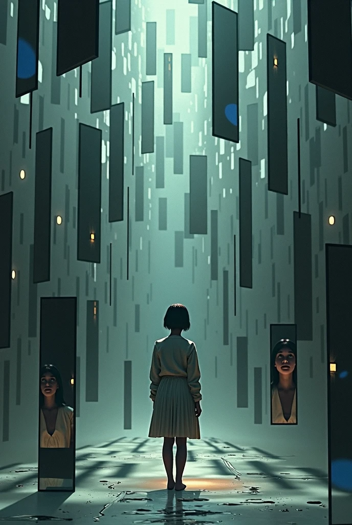 "A person is surrounded by many mirrors, each reflecting different forms and personalities of that same person."