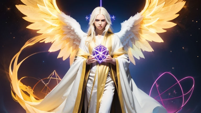 Angel Metraton, there is in your hands an illuminated pentagram. The angel is dressed in a long robe. Blond man angel, bonitas