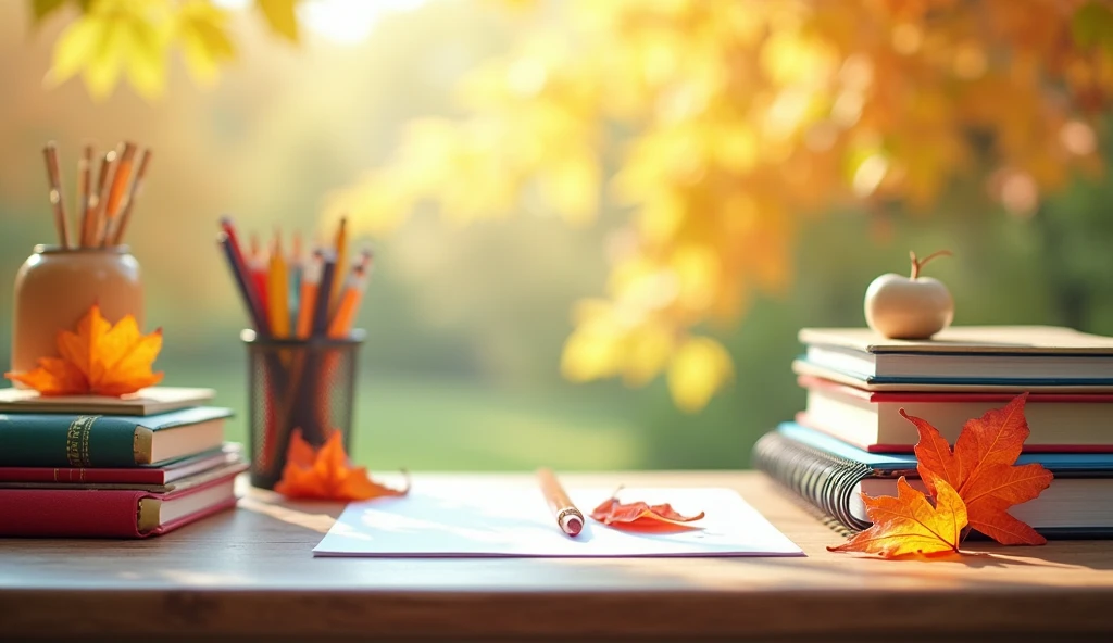 A neatly arranged school desk with fresh flowers, notebooks, pencils, and autumn leaves scattered around, symbolizing the start of the school year, all set on a bright background with soft natural lighting