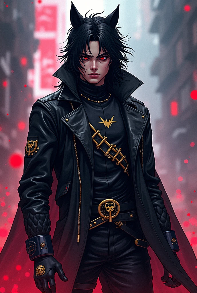 Animé, homme, inspirée de michael jackson avec des vêtements de combat ( noir avec le logo d'une tête de loup avec deux sabres), pantalon noir