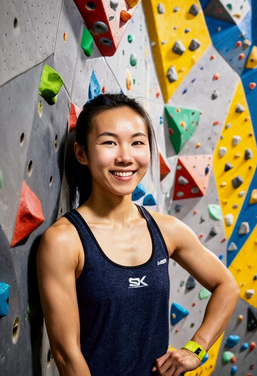 Beautiful athletic 25 year old asian female competitive bouldering athlete posing for photo by climbing wall. Smiling. Toned arms